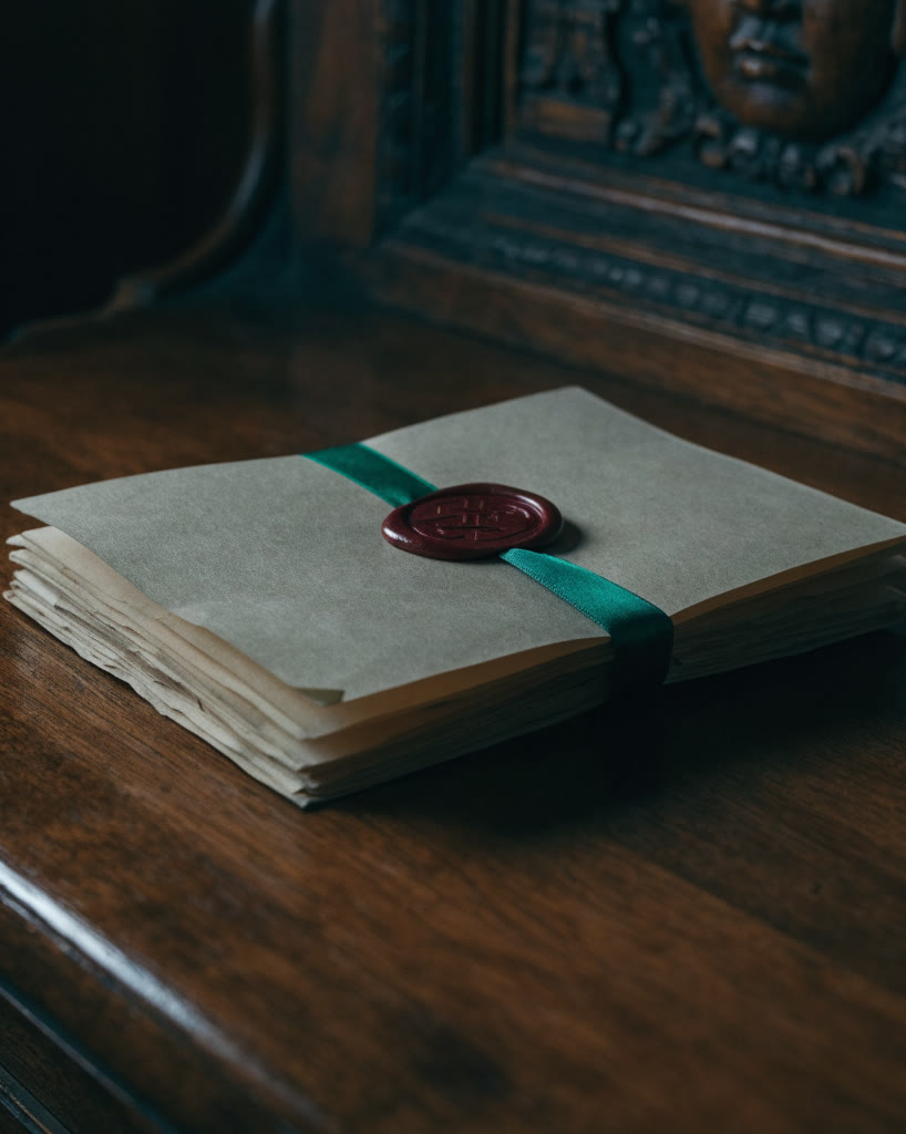 Folio de papel atado con listón verde y sello de lacre