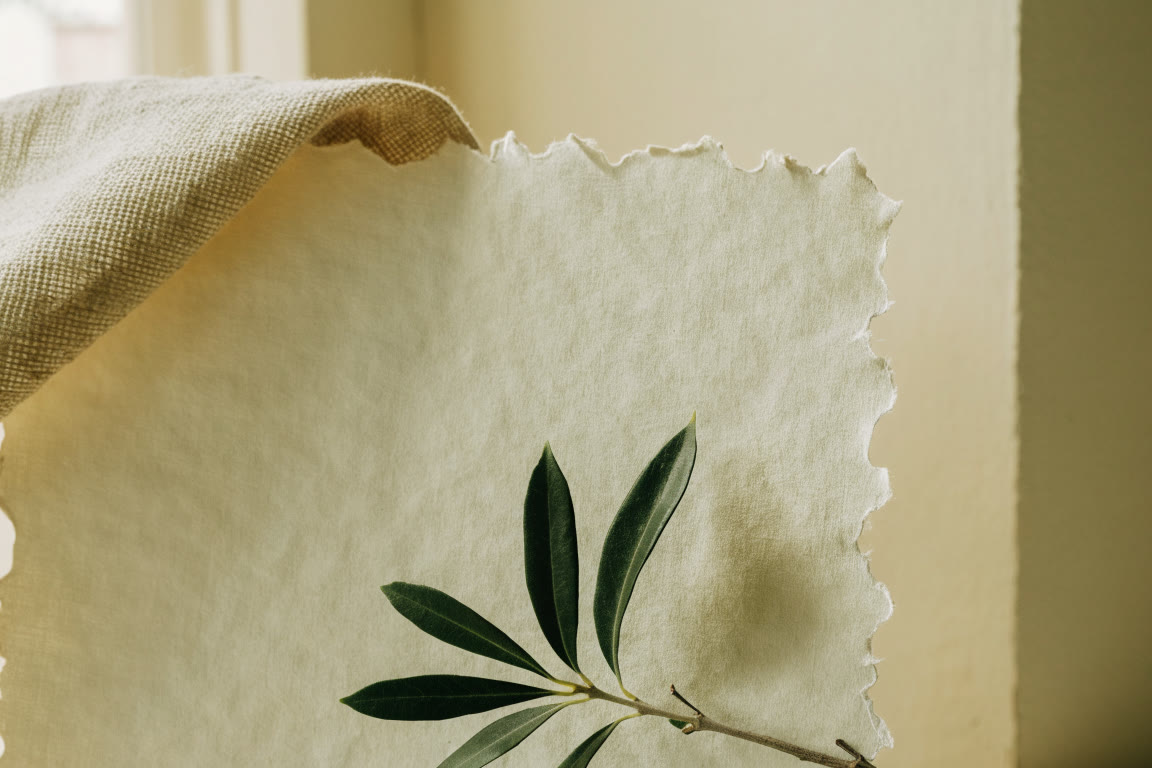 Hoja de papel hecho a mano, lino doblado y una rama de olivo