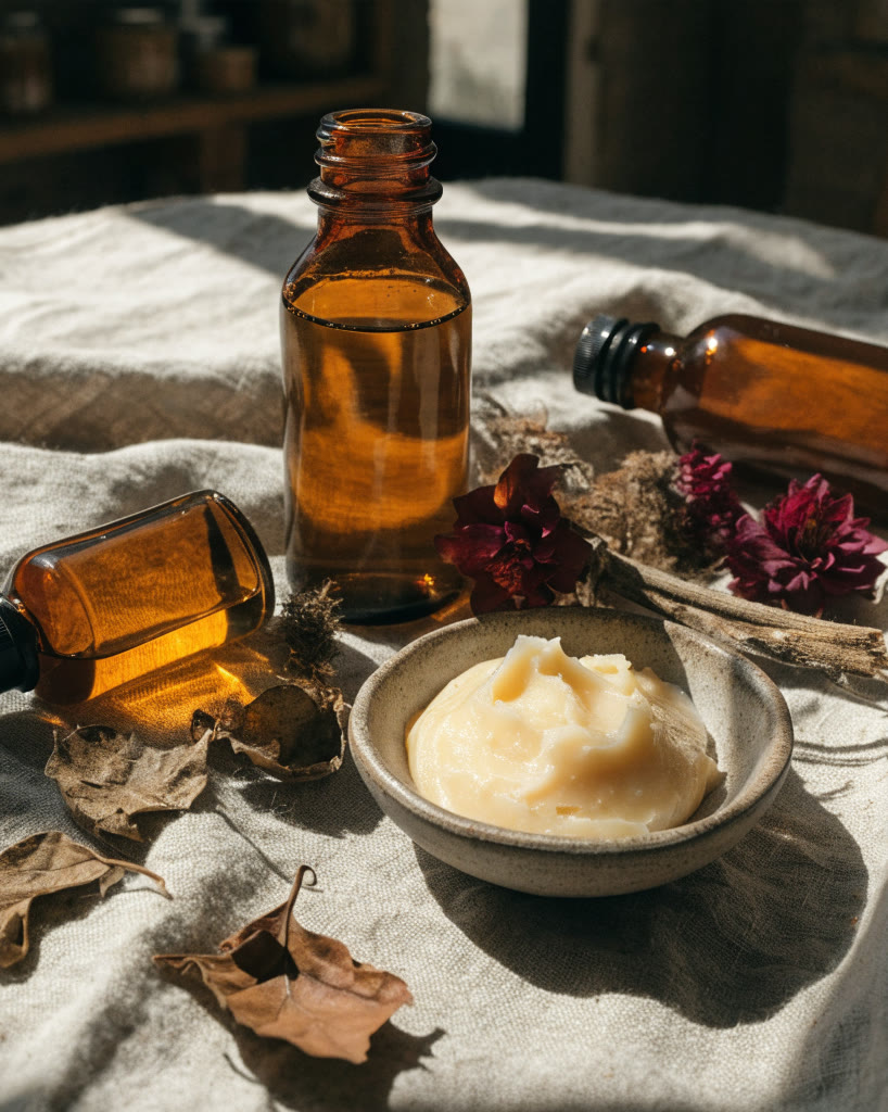 Frascos ámbar con aceites vegetales y un tazón de manteca de karité sobre lino