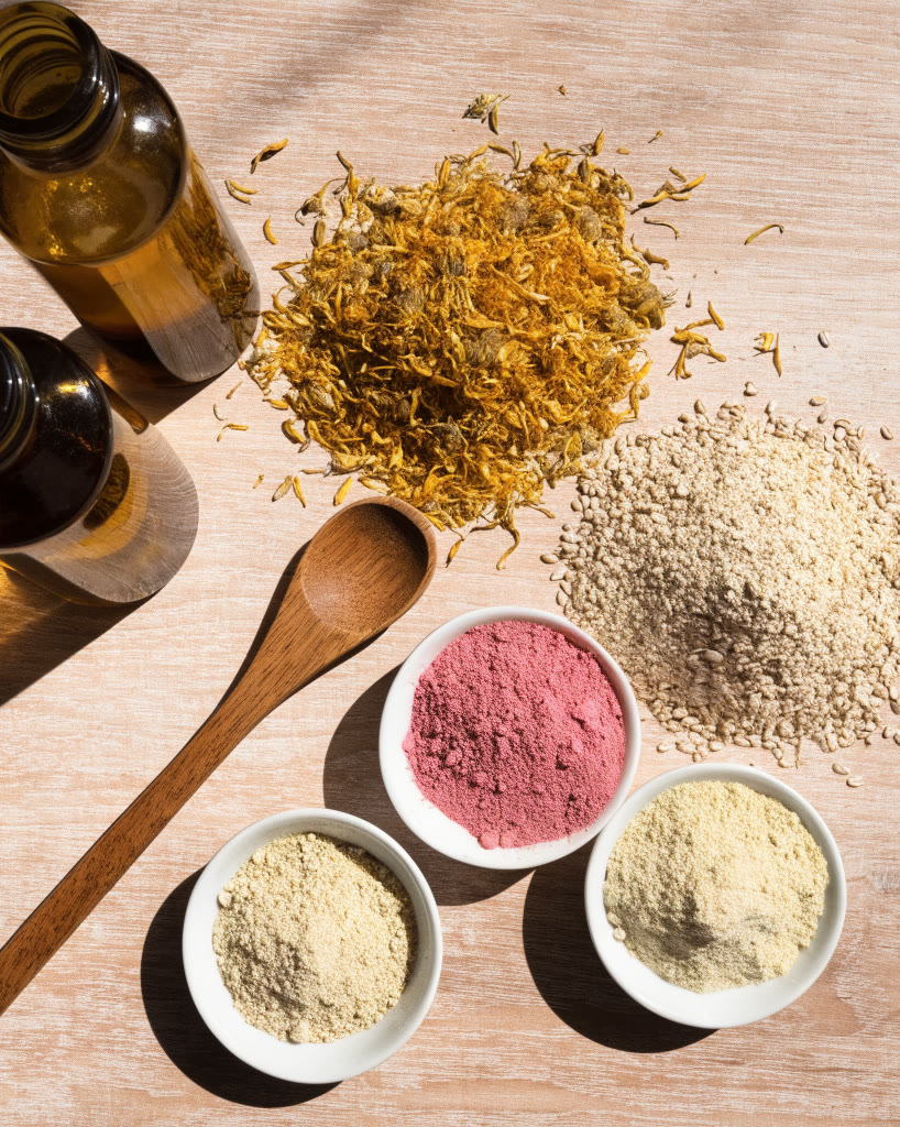 Ingredientes de jabonería vistos desde arriba: aceites en frascos ámbar, caléndula seca, avena y arcillas en tazones