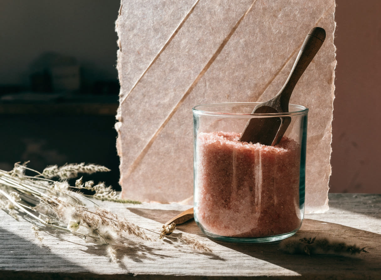 Frasco de vidrio con sales de baño rosadas, cuchara de madera y flores secas