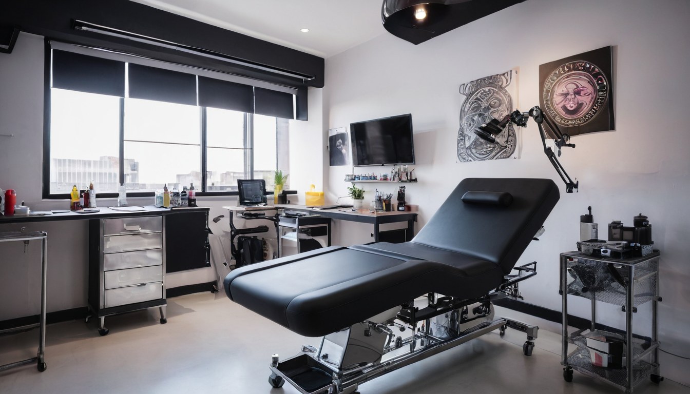 Interior de estudio de tatuajes en Ciudad de México — estación de trabajo limpia, sillón profesional, luz natural