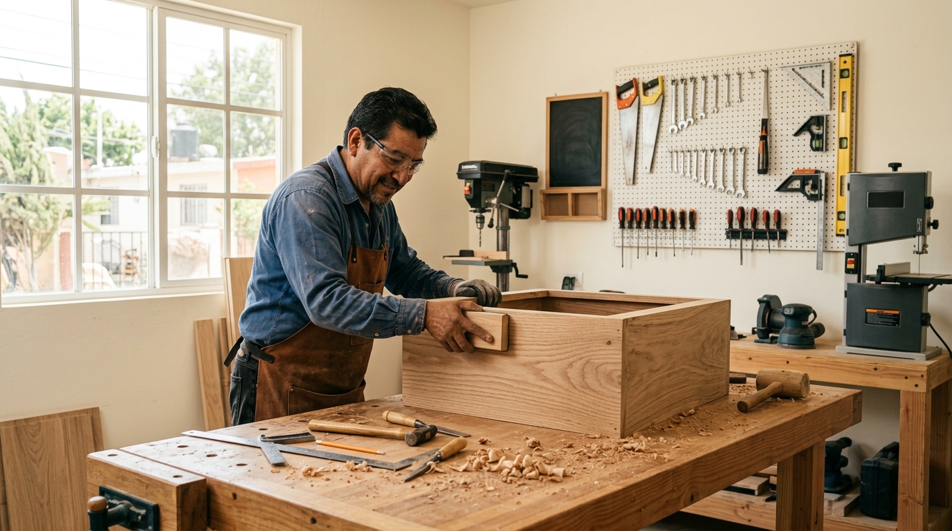 Carpintero trabajando madera en taller de fabricación de muebles en Ciudad de México