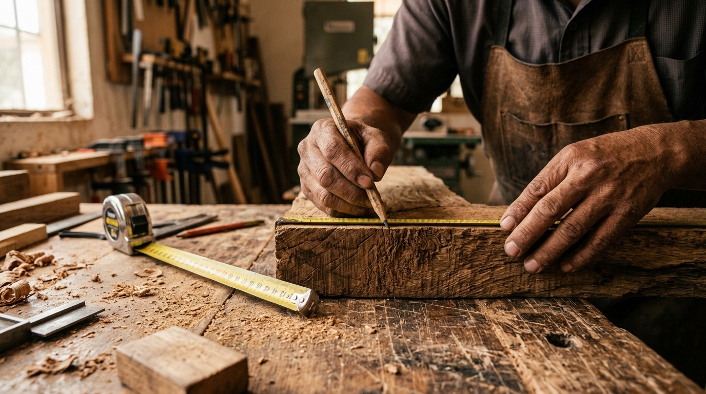 Carpintero midiendo madera en taller de Ciudad de México