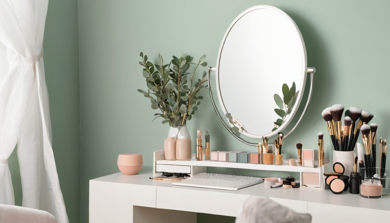 Estación de maquillaje profesional con aro de luz, brochas y paleta de sombras
