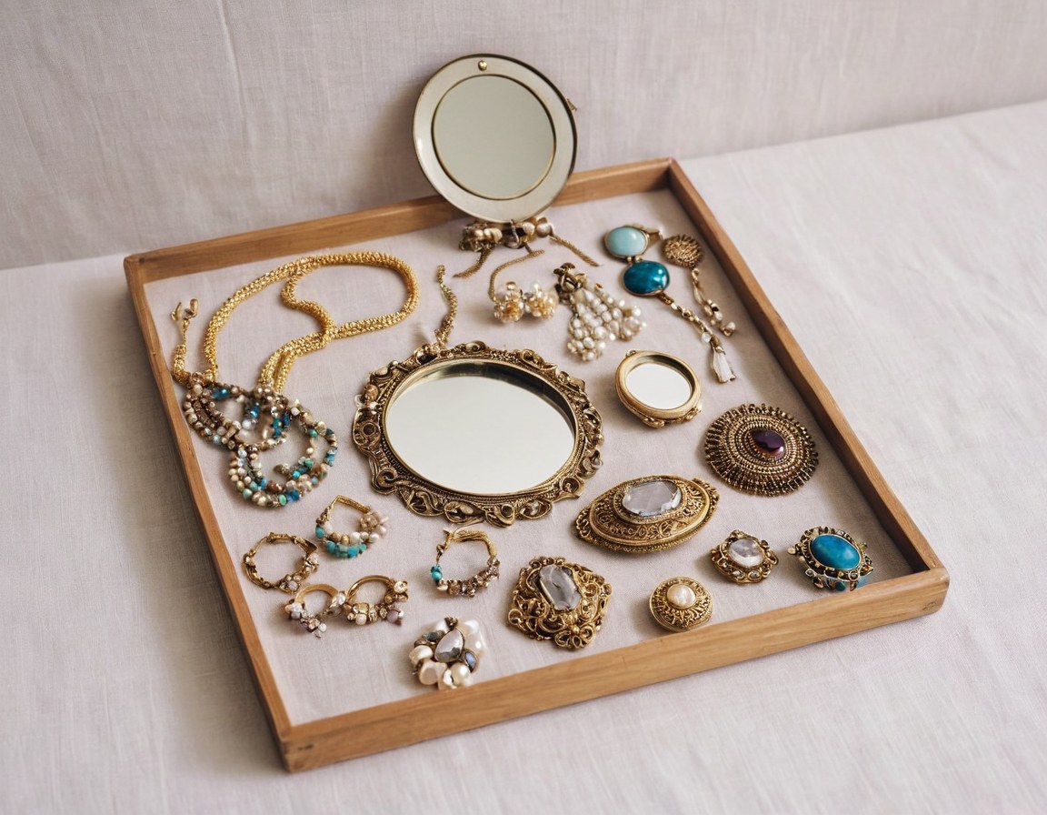 Charola con joyería de fantasía vintage sobre el mostrador