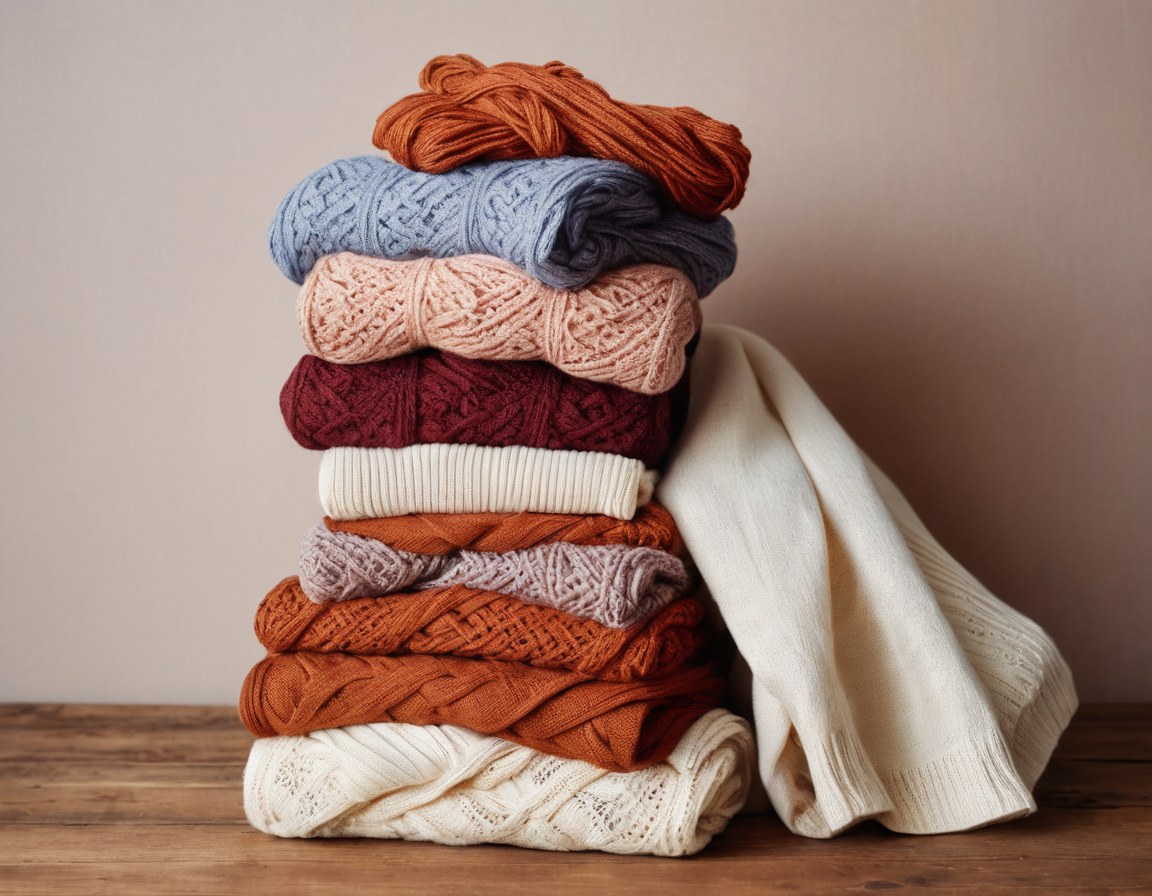 Suéteres y blusas vintage doblados sobre la mesa de la tienda