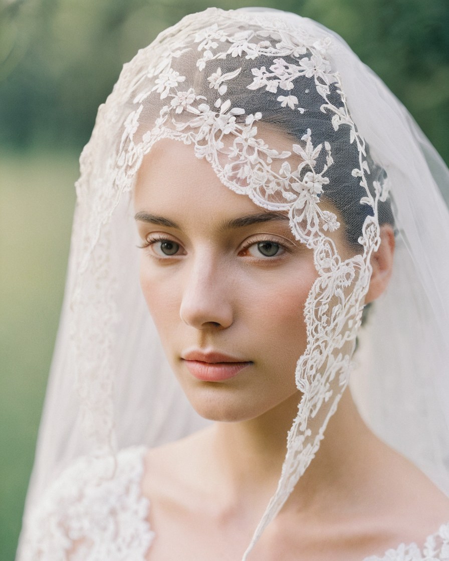 Retrato de novia detrás de un velo de encaje floral translúcido
