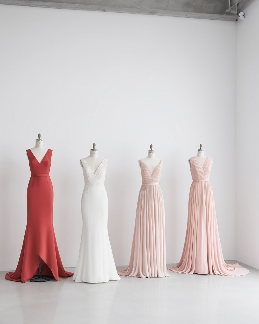 Sala de exhibición con cuatro vestidos de novia sobre maniquíes y bases blancas