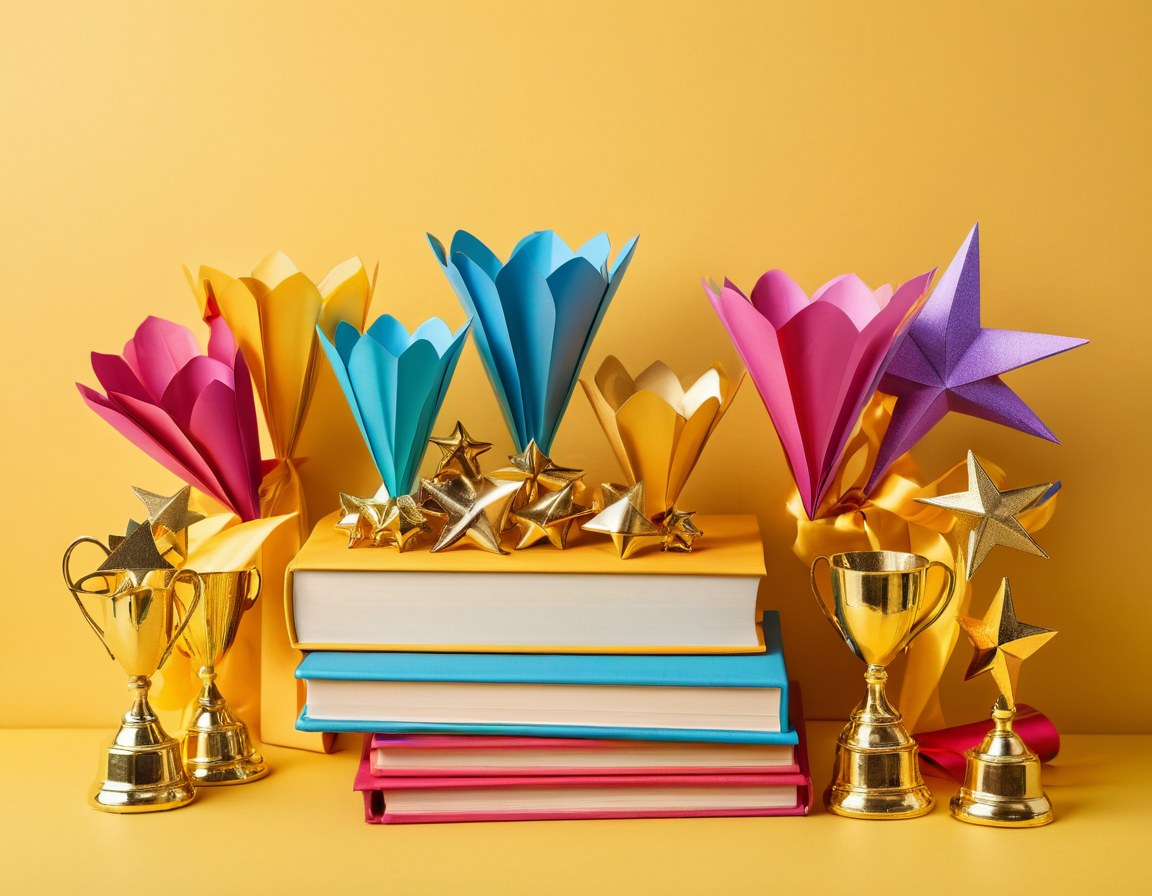 Libros de colores, copas doradas, listones rizados y estrellas de papel sobre fondo amarillo