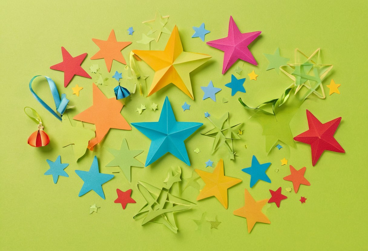 Separadores, estrellas de papel y siluetas de libros recortadas