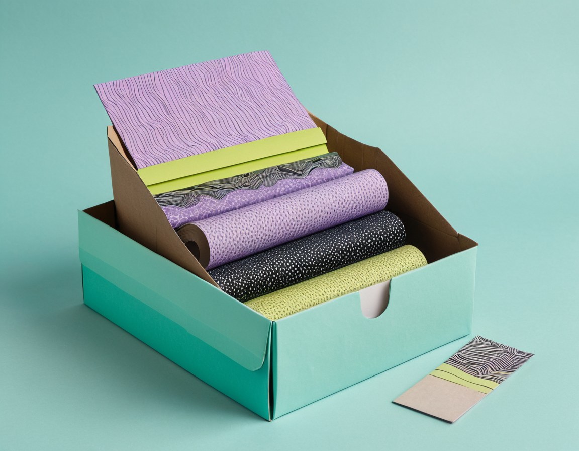 Caja de lectura abierta con libros sin título, separador y papel de china estampado