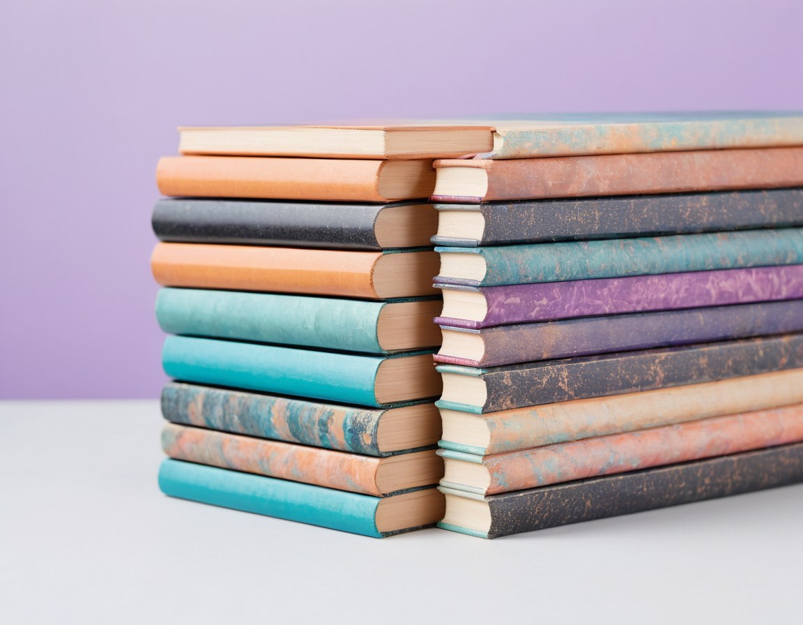 Pila de lomos de libros de colores con bandas jaspeadas