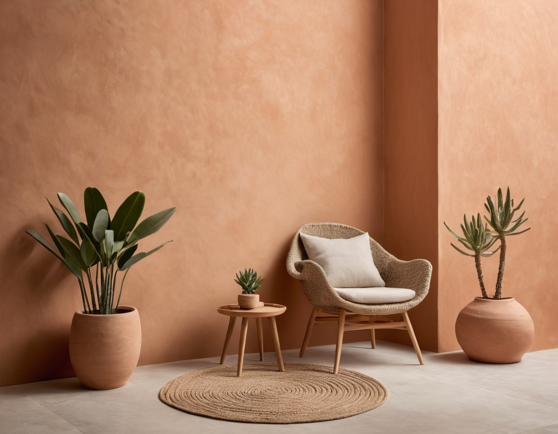 Rincón de recepción de un spa pequeño con muro de cal, sillón de lino y sombras de planta