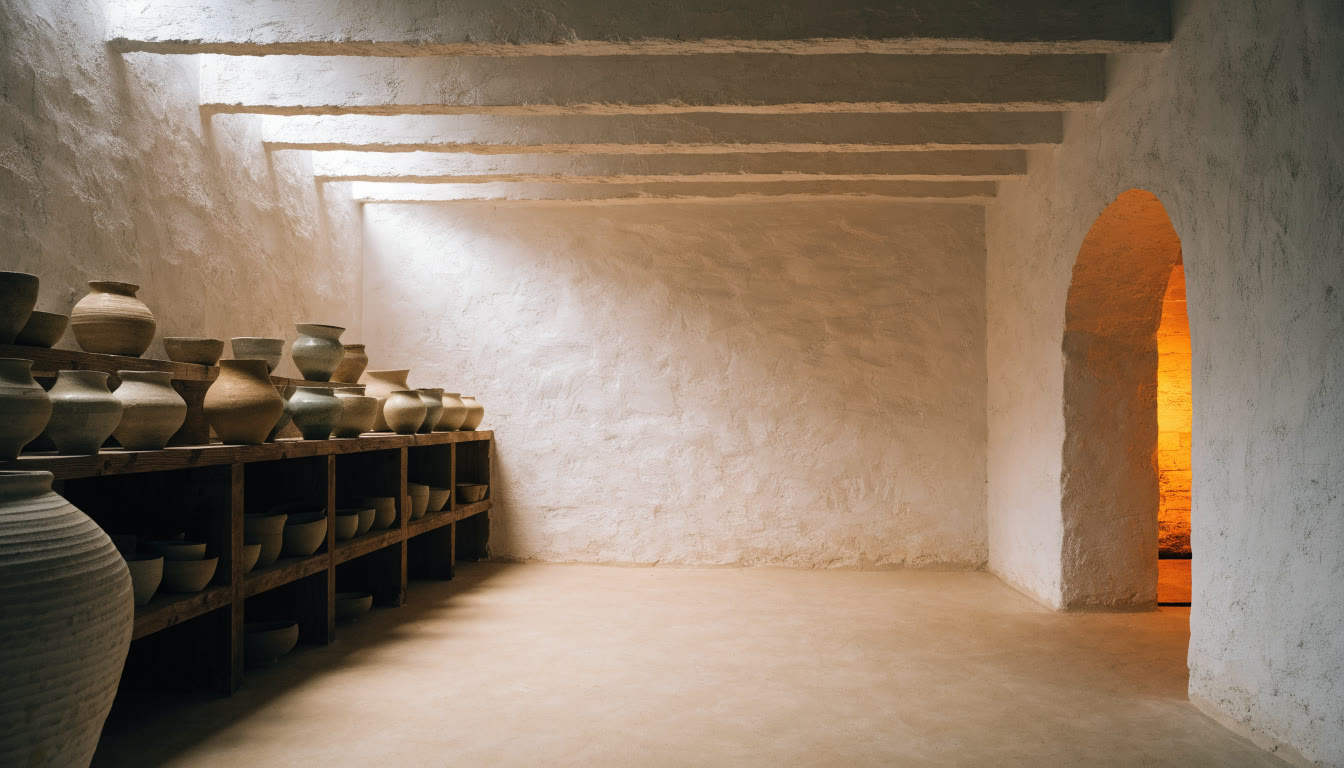 Interior del taller de cerámica con piezas de gres en repisas de madera