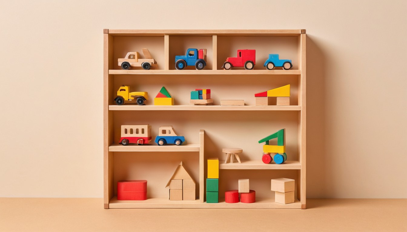 Anaquel ordenado con cajas de cartón y juguetes de madera de colores