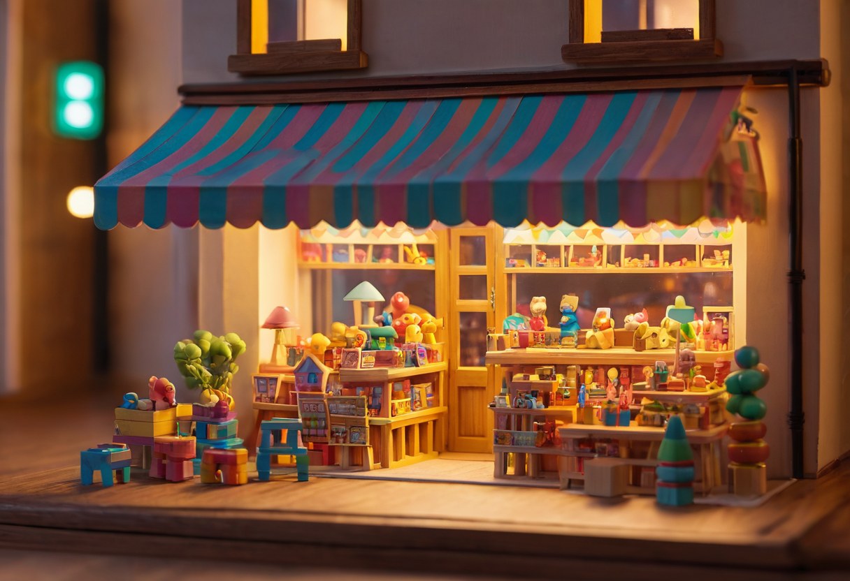 Escaparate en miniatura de una juguetería con bloques de madera y juguetes de colores