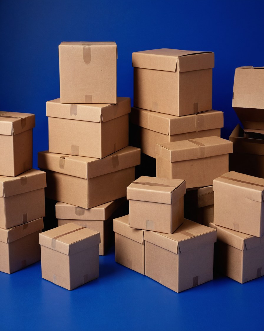 Cajas de cartón de distintos tamaños apiladas sobre un piso azul cobalto