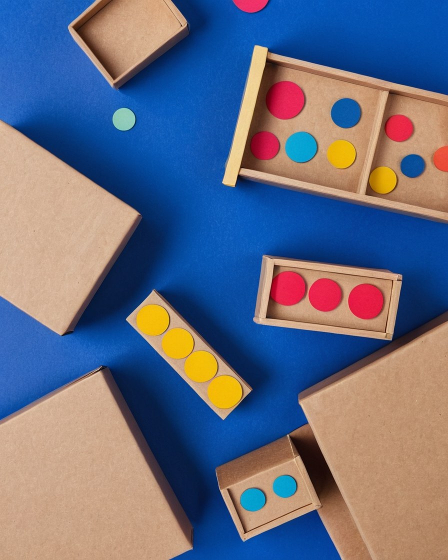 Juegos de madera con fichas de colores y cajas pequeñas sobre una mesa azul