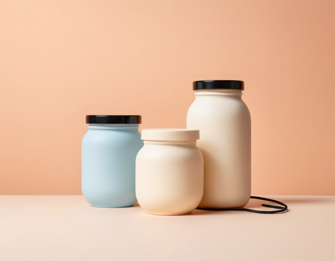 Detalle en primer plano de dos envases color crema con una línea negra y dos discos de color