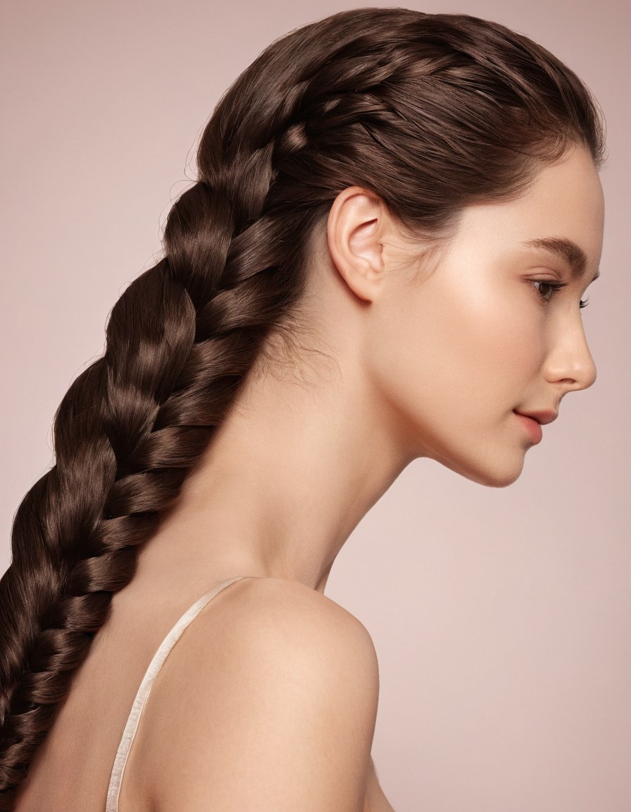 Trenza de cabello castaño oscuro sobre fondo de estudio en tono taupe