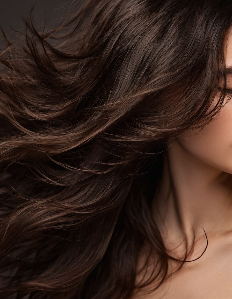 Cabello castaño oscuro ondulado con movimiento natural sobre fondo neutro