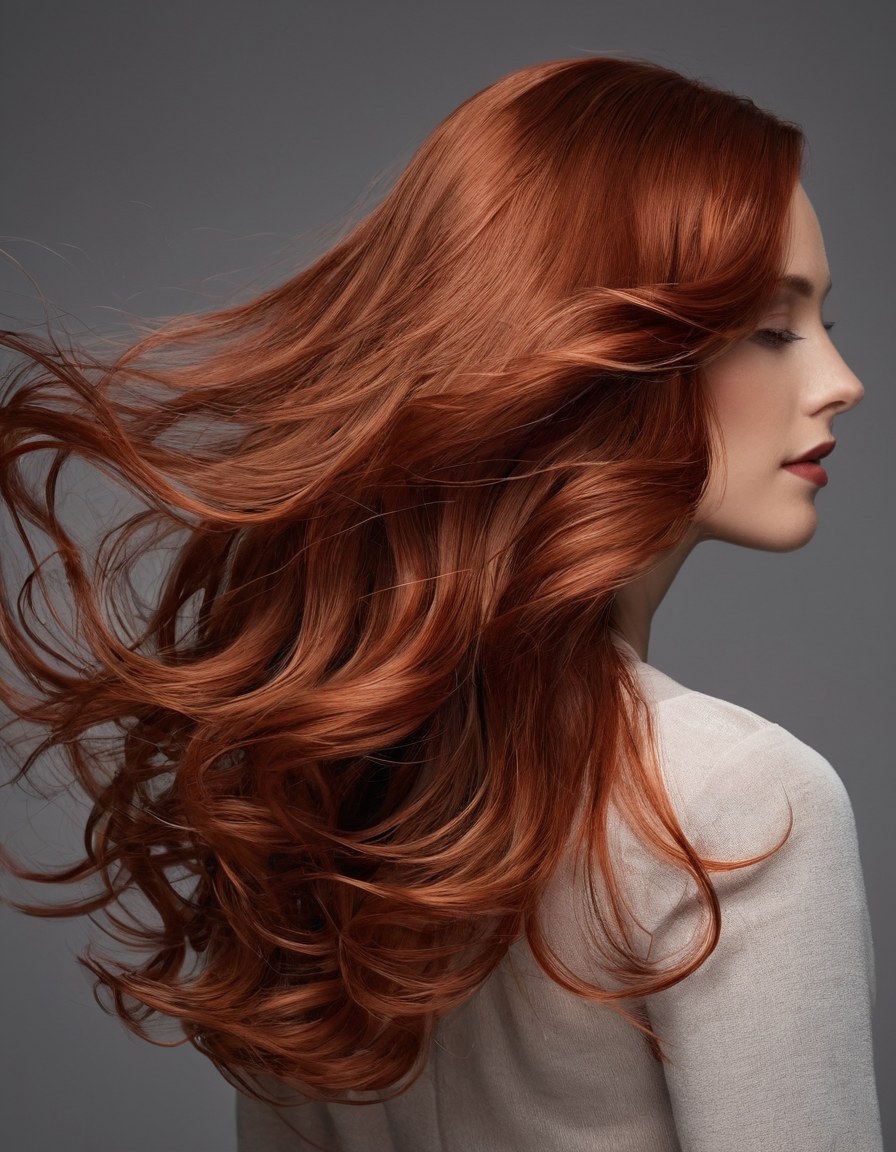Cabello largo en tono cobrizo, liso y con brillo, sobre fondo neutro