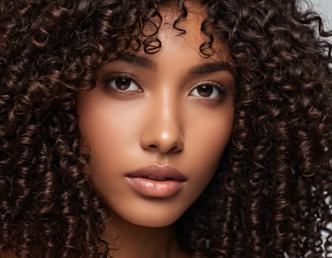 Rizo natural castaño en primer plano, con la textura del cabello a contraluz