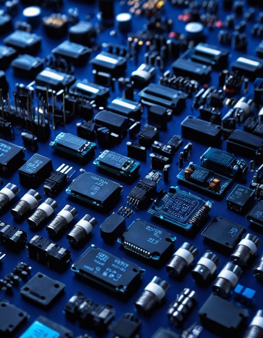 Capacitores, resistencias y bandejas de chips ordenados por color sobre un tapete antiestático
