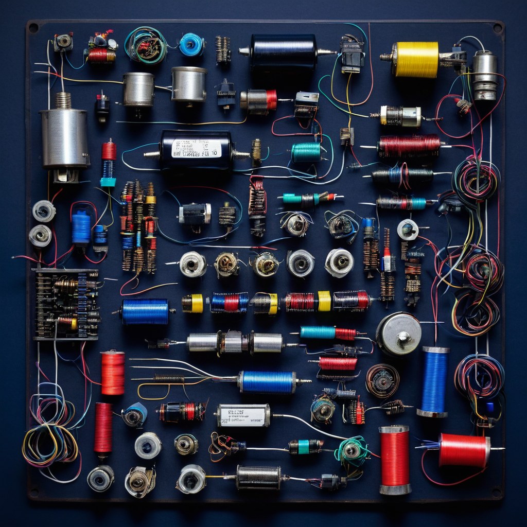 Componentes electrónicos, bulbo y cables de colores enrollados sobre un tapete oscuro