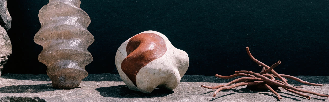 Tres formas de barro sobre una repisa de piedra oscura, una con acento de tierra roja
