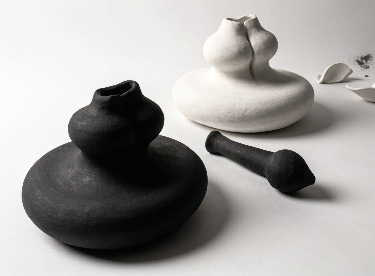 Piezas de cerámica negra mate y porcelana blanca sobre una superficie gris clara