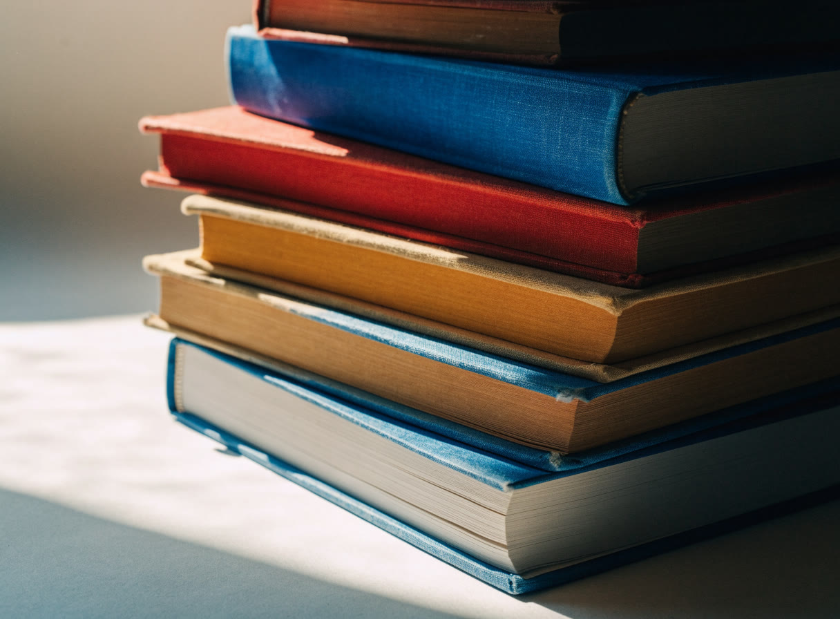 Pila de libros de tela en azul, rojo y mostaza sobre papel claro