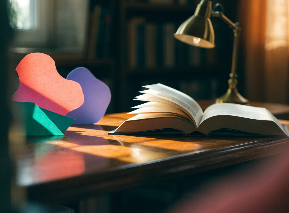 Libro abierto junto a una lámpara de latón y recortes de papel de colores