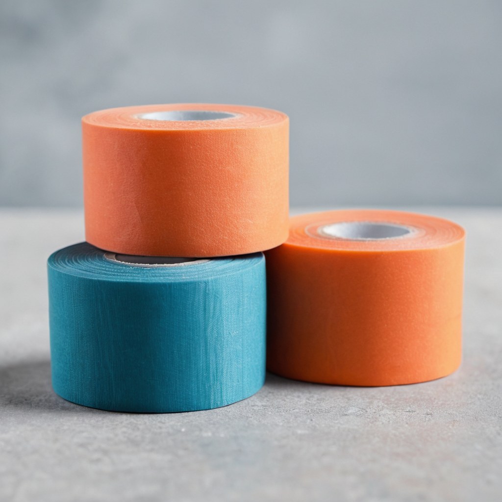 Rollos de cinta deportiva naranja y azul sobre piedra