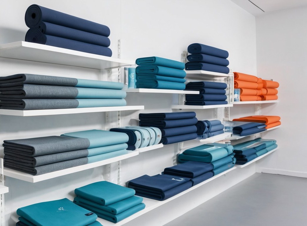 Repisas con tapetes enrollados y playeras técnicas dobladas