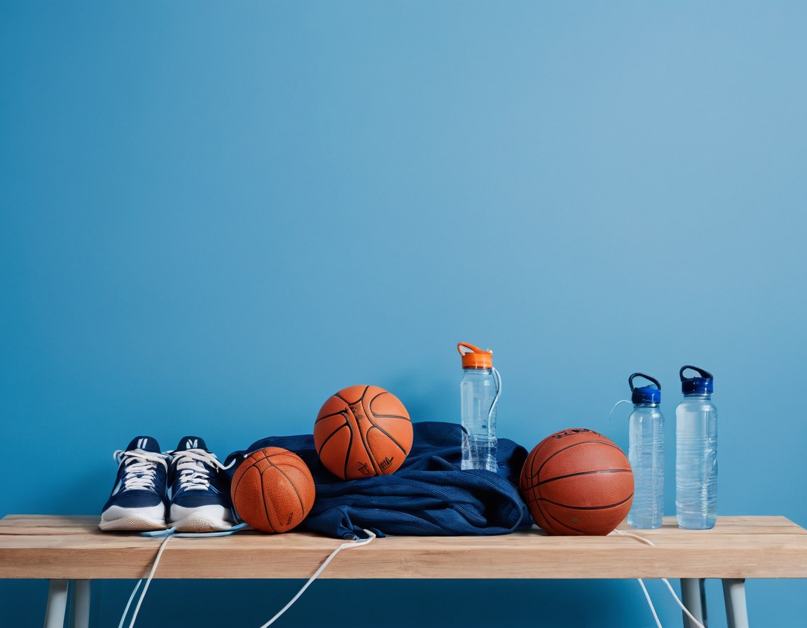 Balones, jersey, botellas y tenis sobre una banca de madera