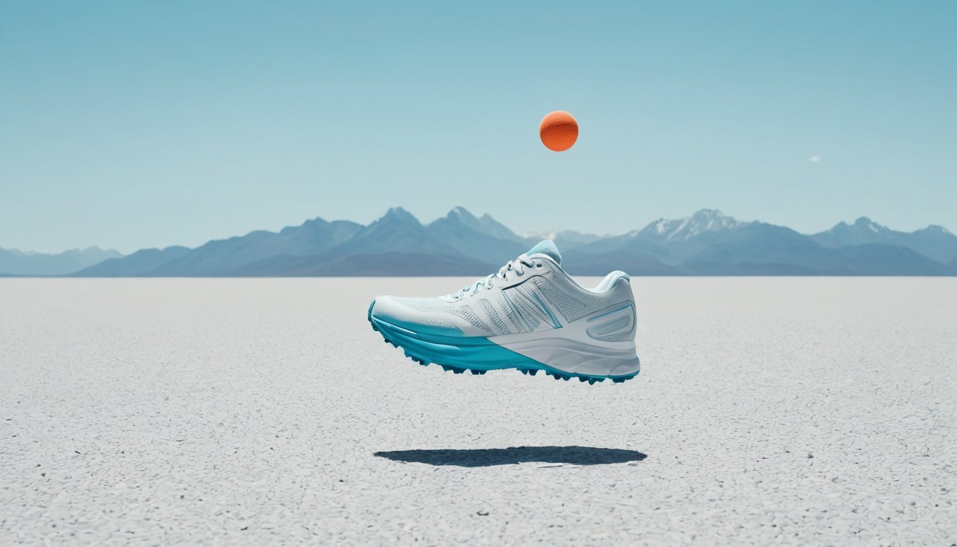 Tenis blanco suspendido en el aire sobre una planicie helada, con una esfera naranja en el cielo