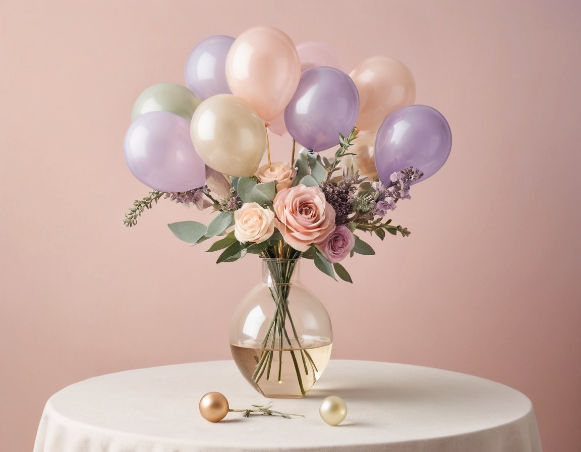 Centro de mesa de globos y flor artificial sobre una mesa redonda vacía