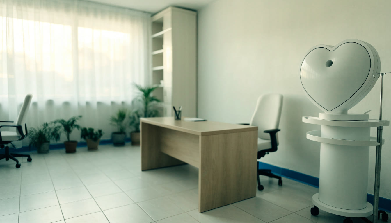 Consultorio de cardiología con escritorio, ventana y luz natural