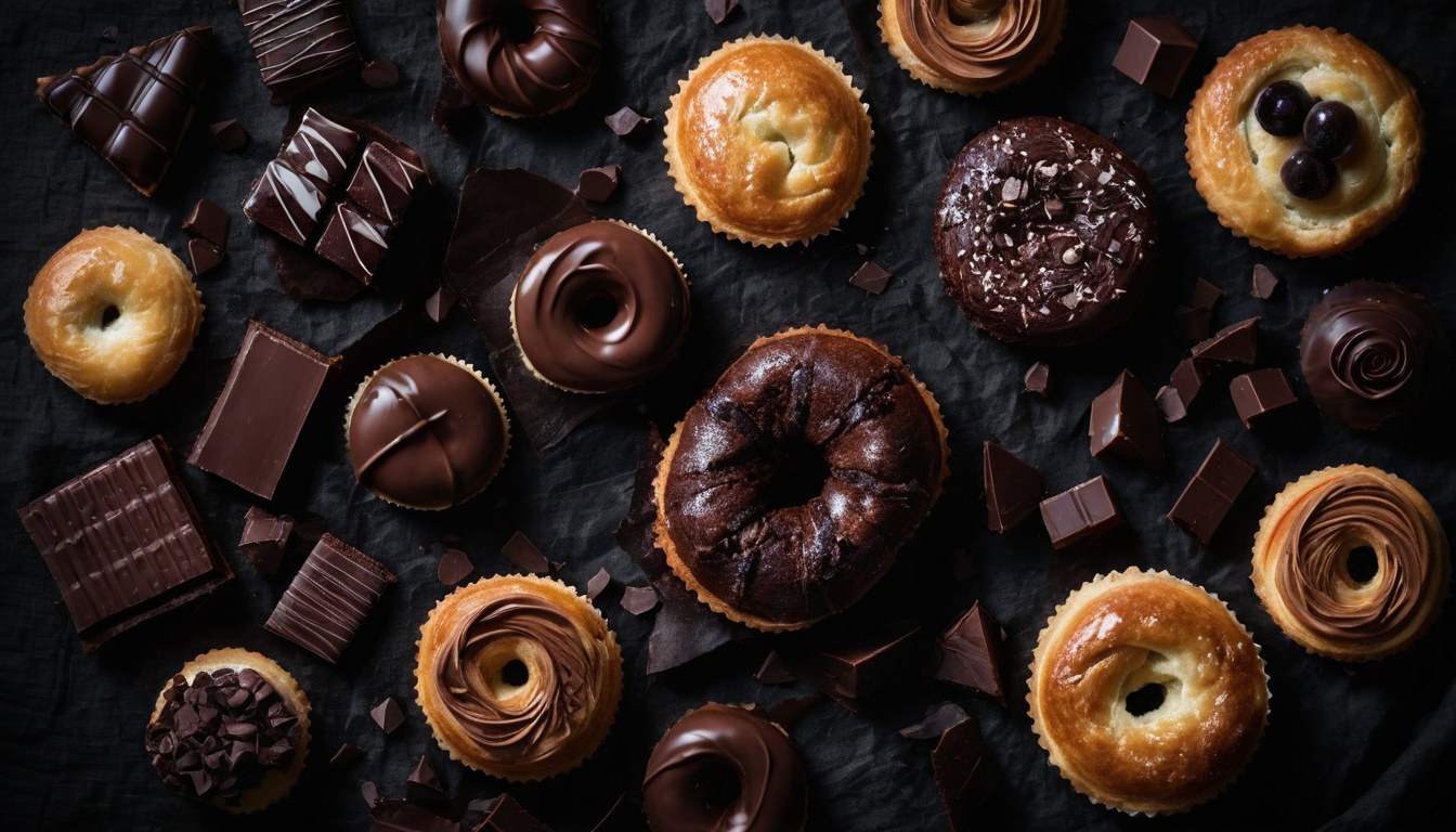Postres surtidos sobre lino oscuro en penumbra