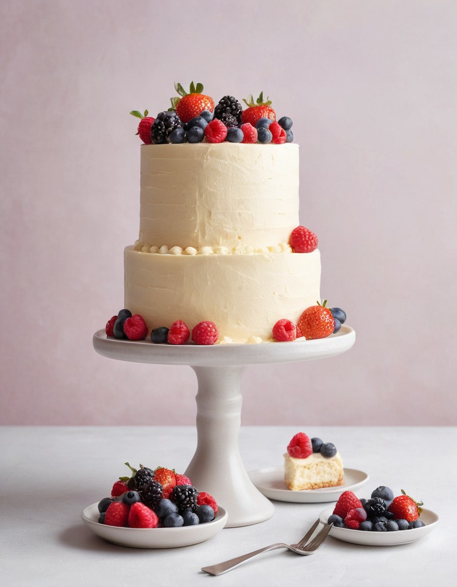 Pastel de celebración con betún liso y frutos rojos en un estudio con luz natural