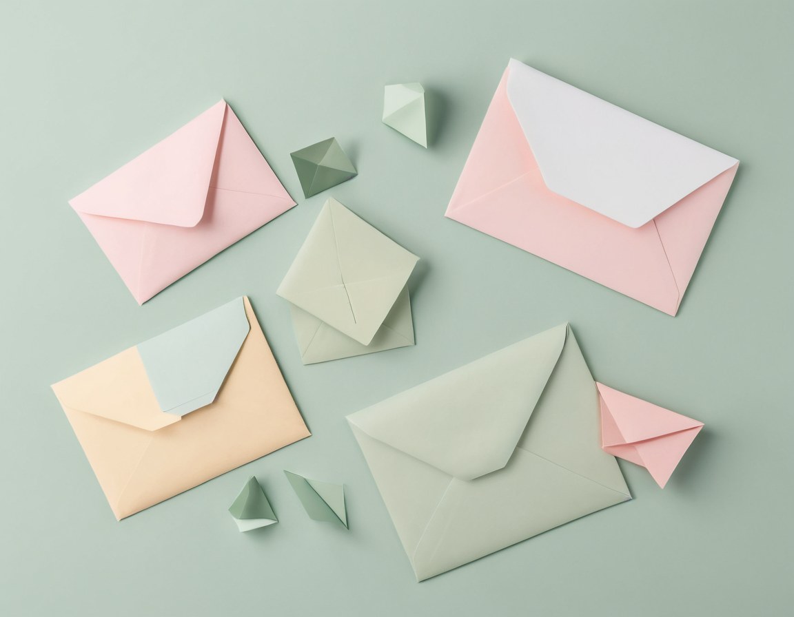 Sobres en blanco y recortes geométricos de papel sobre una superficie verde apagada
