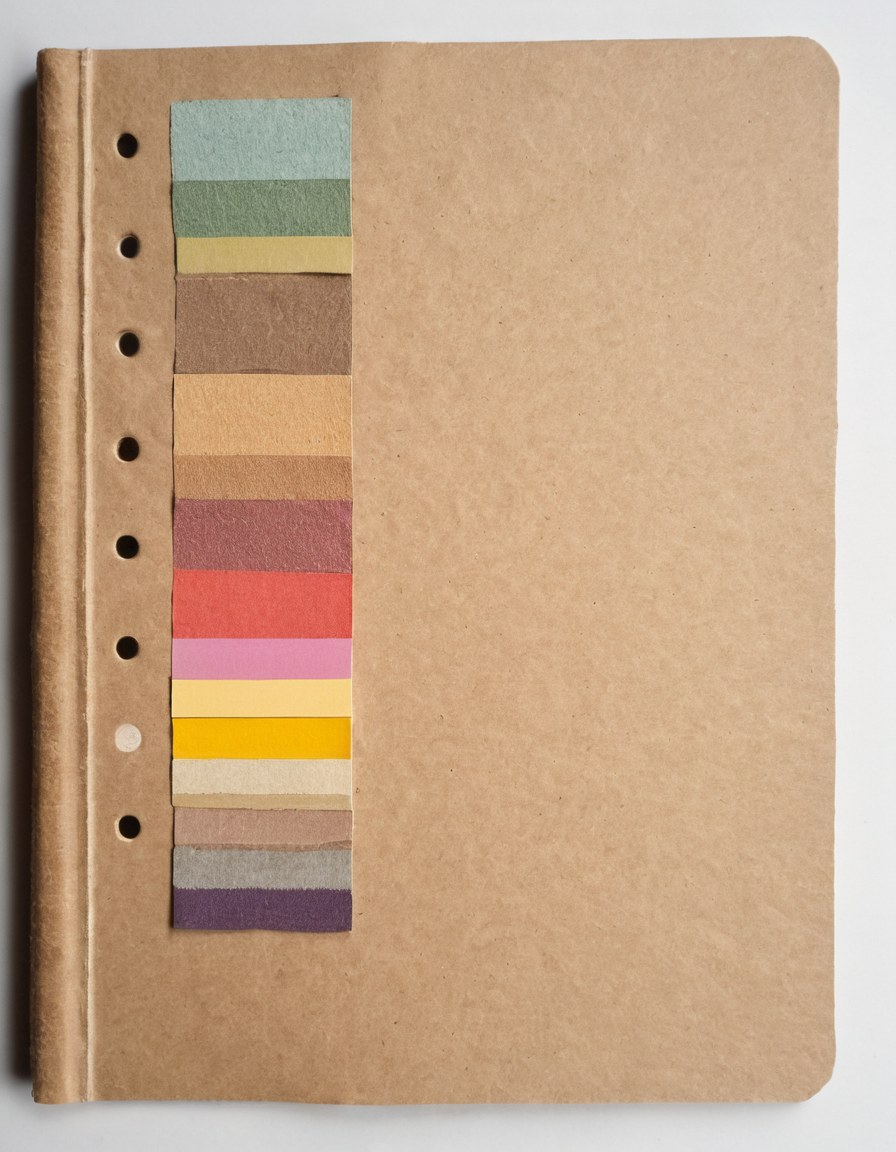 Fibras de papel reciclado, un cuaderno de dibujo en blanco y tiras de muestrario de color en un tablero