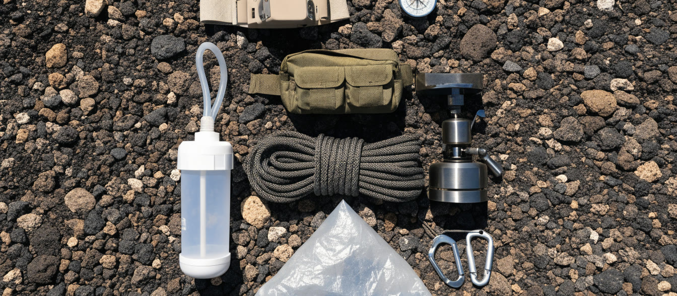 Equipo de seguridad y campamento ordenado sobre grava volcánica