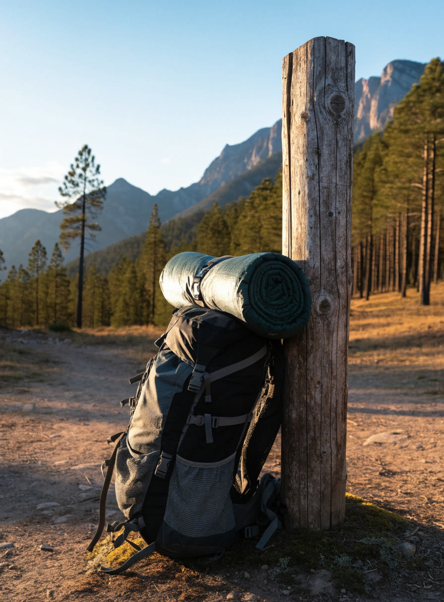 Mochila cargada con aislante, recargada en un poste de sendero al amanecer
