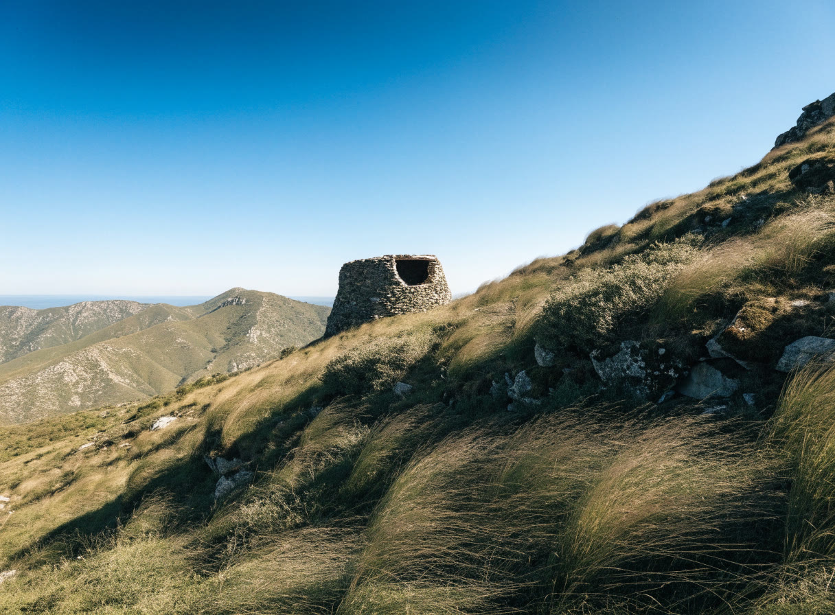 Refugio de piedra en una ladera de pastos doblados por el viento