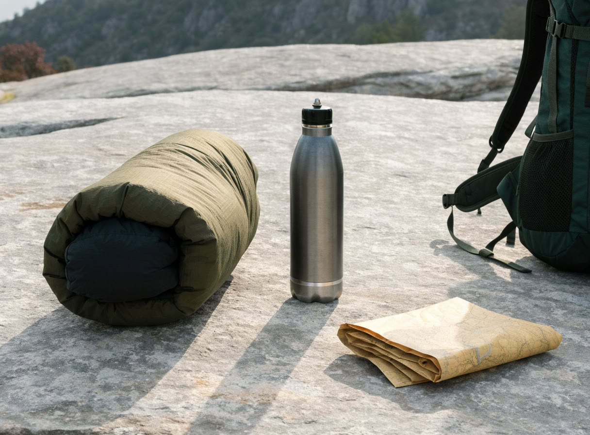 Bolsa de dormir enrollada, botella térmica, mapa y mochila sobre piedra