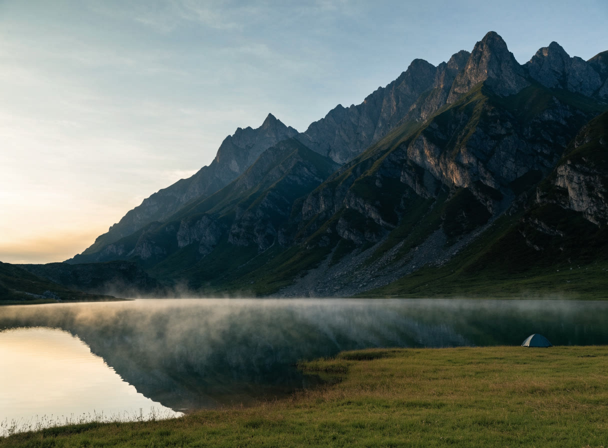 Lago de montaña al amanecer con una casa de campaña en la orilla