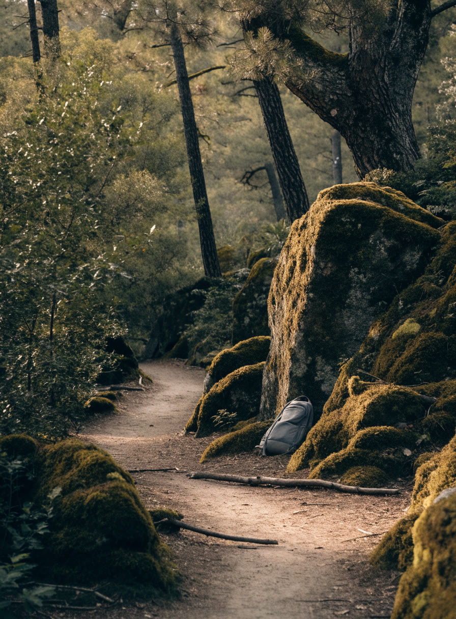 Sendero de montaña entre pinos con una mochila pequeña junto a una roca